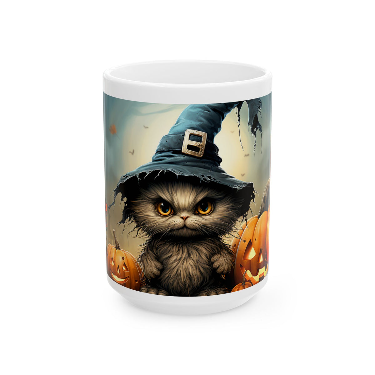Halloween Cat Ceramic Mug — Witch Hat Kitty with Pumpkins (11oz/15oz)