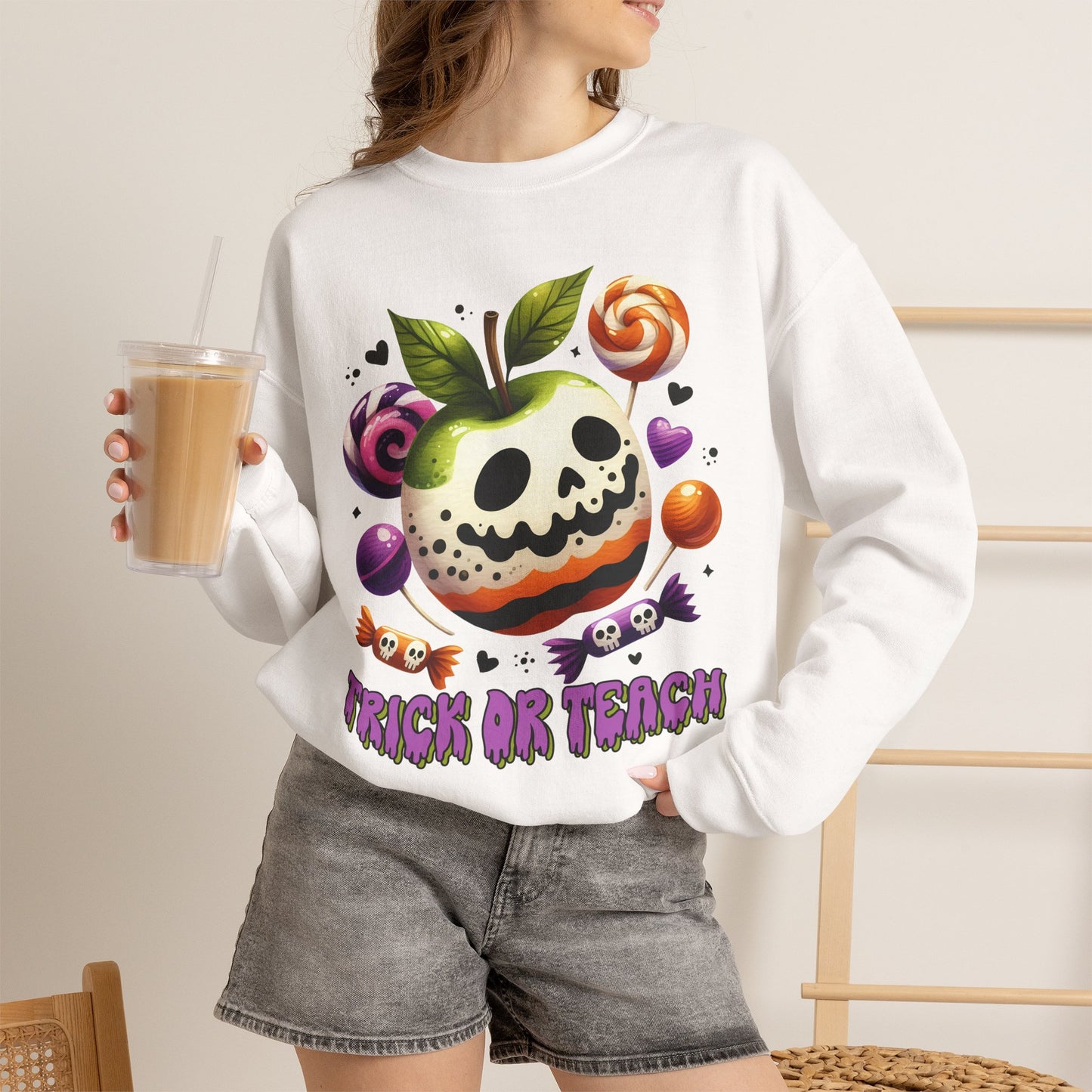 Trick or Teach Teacher Sweatshirt — Candy Apple “Trick or Treat” Crewneck