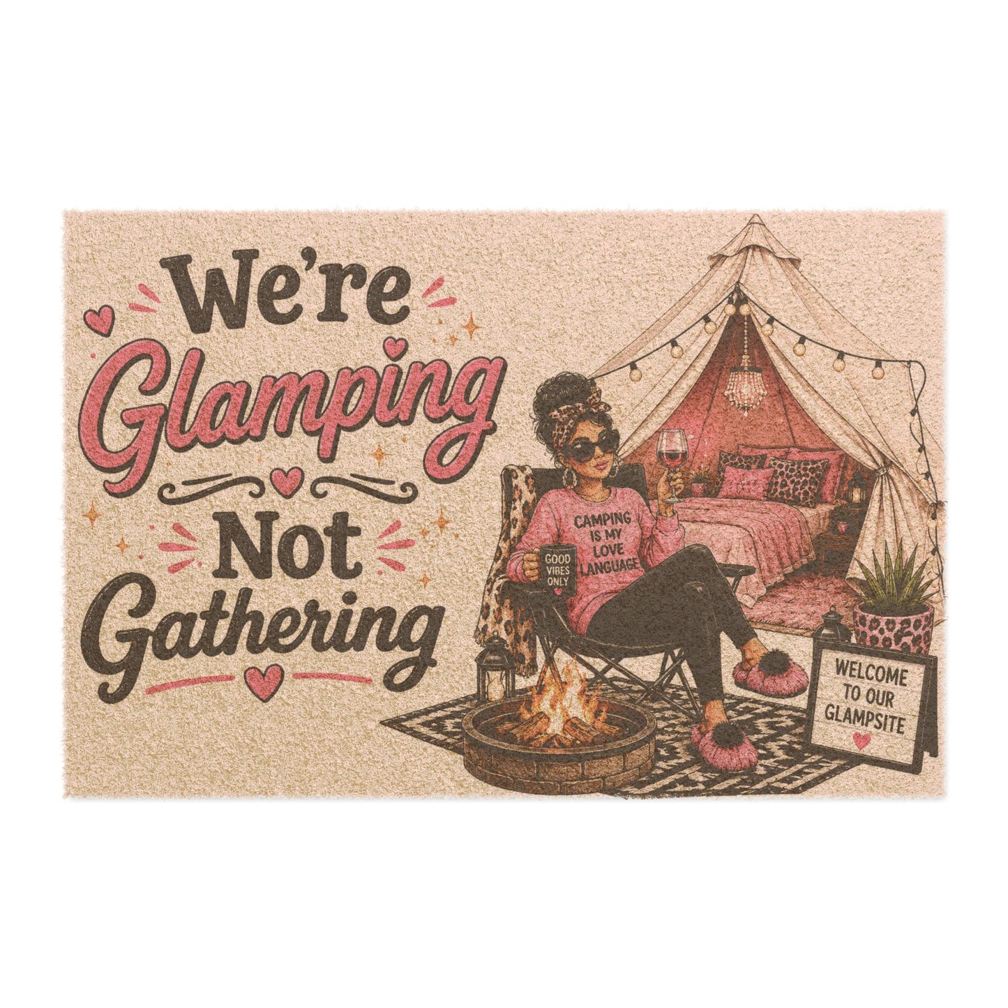 Glamping Doormat — "We're Glamping Not Gathering" Decorative Outdoor Welcome Mat