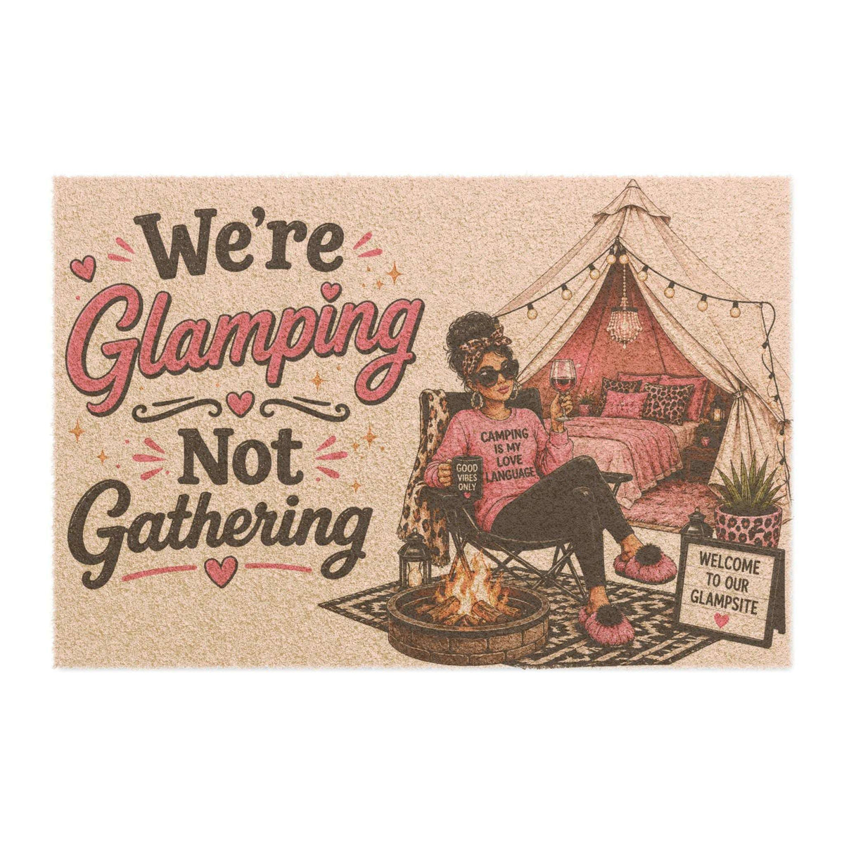 Glamping Doormat — "We're Glamping Not Gathering" Decorative Outdoor Welcome Mat