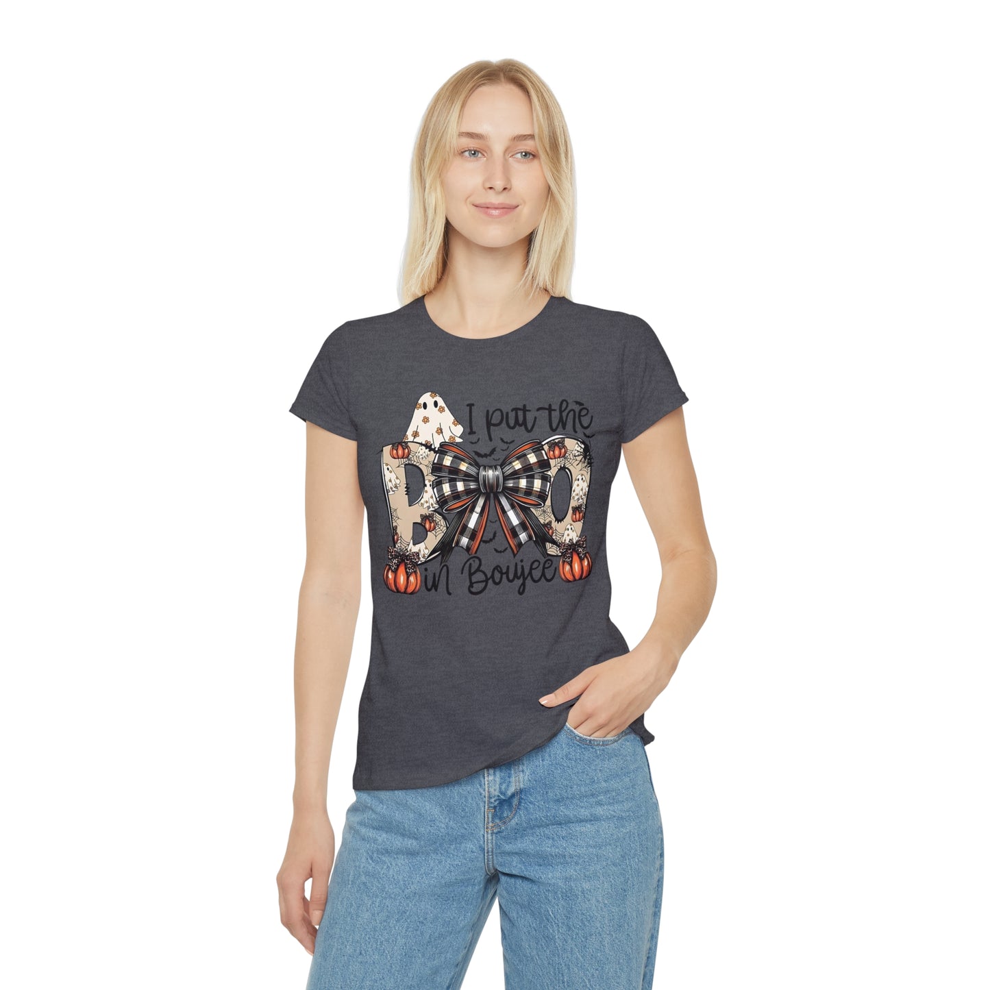 Women's Halloween "I Put the Boo in Boujee" T-Shirt — Plaid Bow Pumpkin Graphic