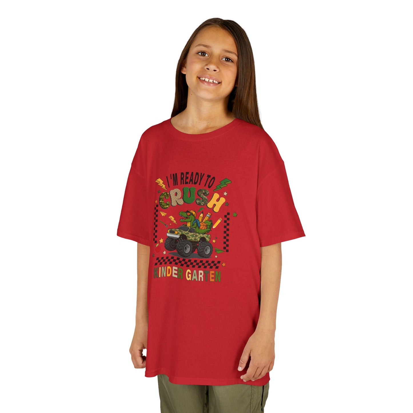 Kids T-Shirt — "I'm Ready to Crush Kindergarten" Dinosaur Monster Truck Back-to-School Tee