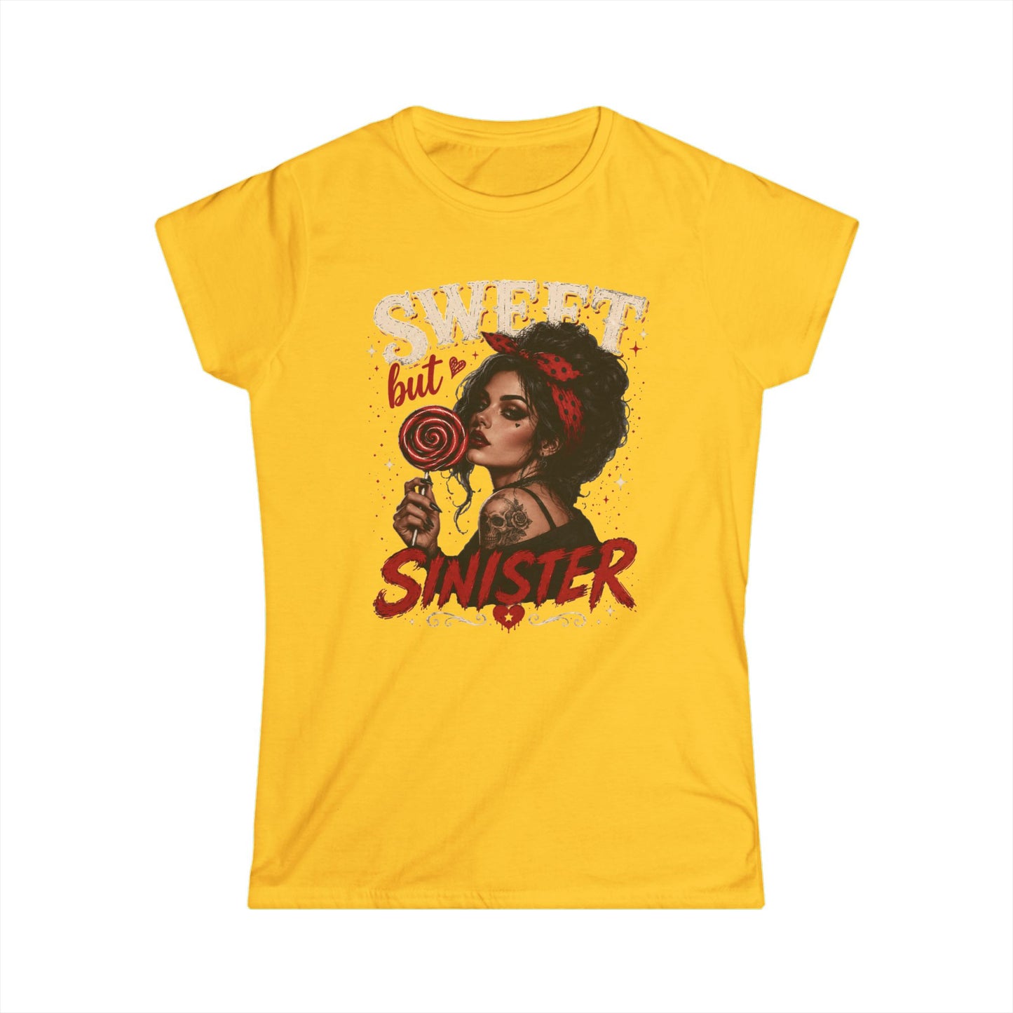 Sweet but Sinister Tee — Women's Graphic T-Shirt (Retro Pin-Up Girl with Lollipop)