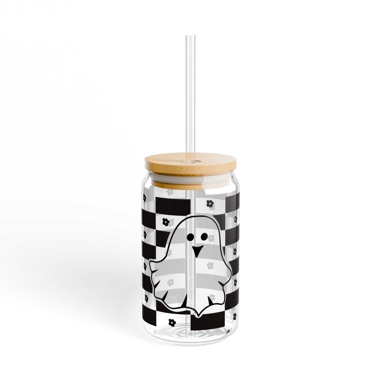 Ghost Checkerboard Sipper Glass — 16oz Cute Halloween Drink Jar