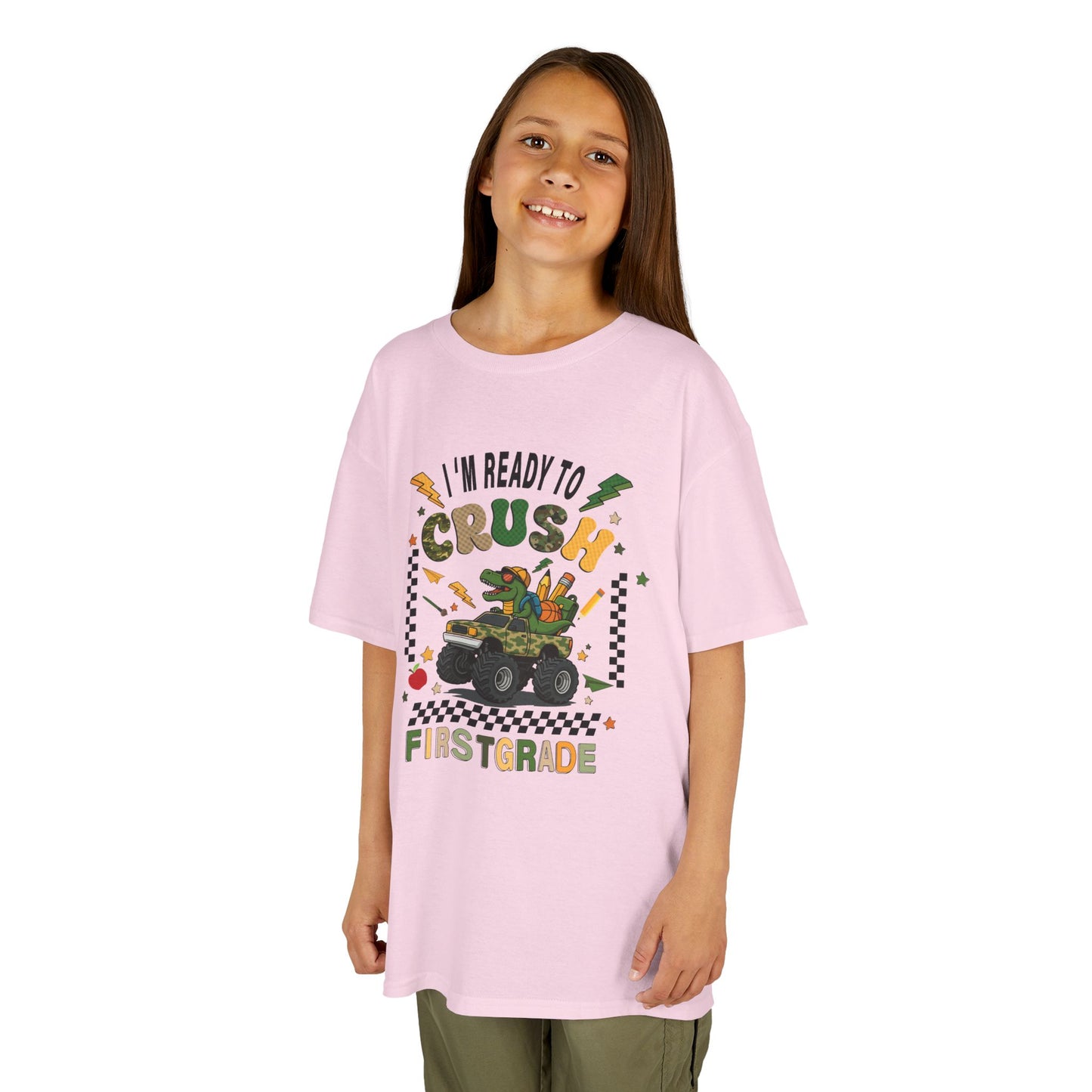 Kids Tee — “I’m Ready to Crush First Grade” Back-to-School Monster Truck Shirt
