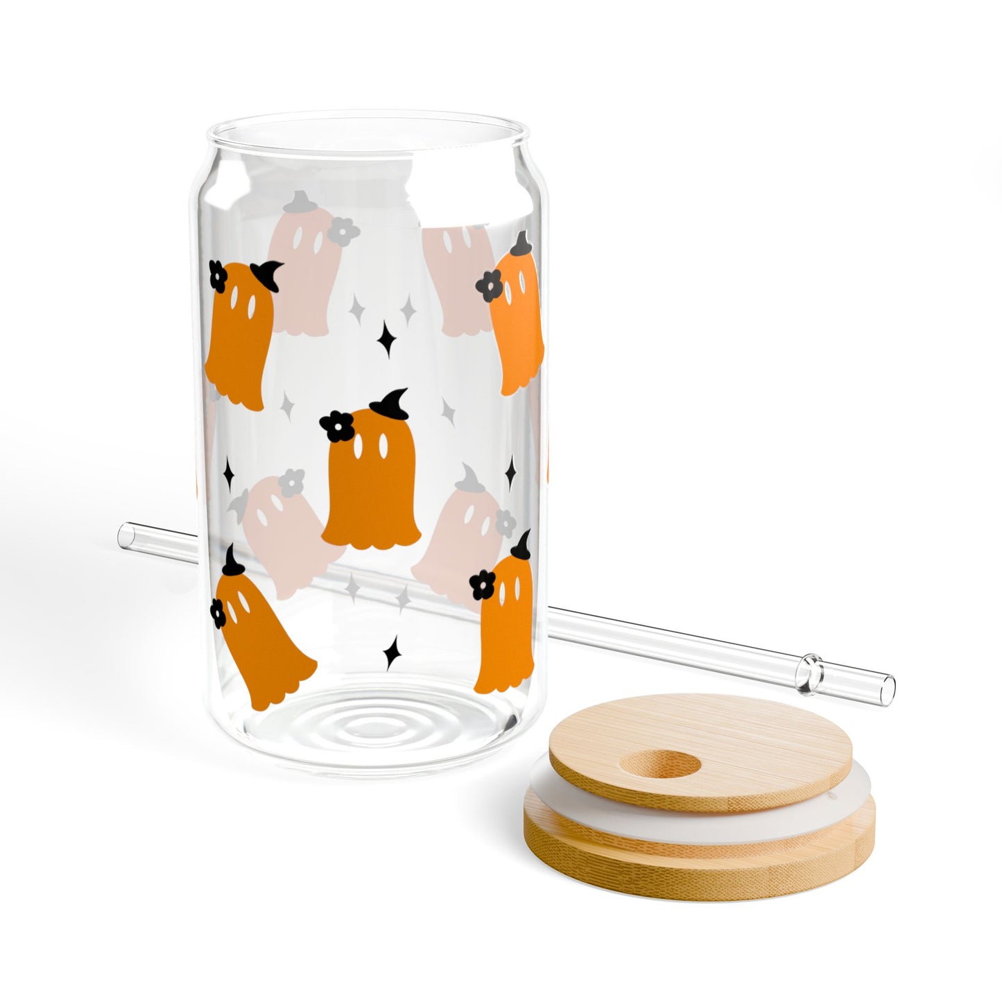 Ghosts 16oz Sipper Glass — Cute Boo Halloween Drinking Jar with Straw