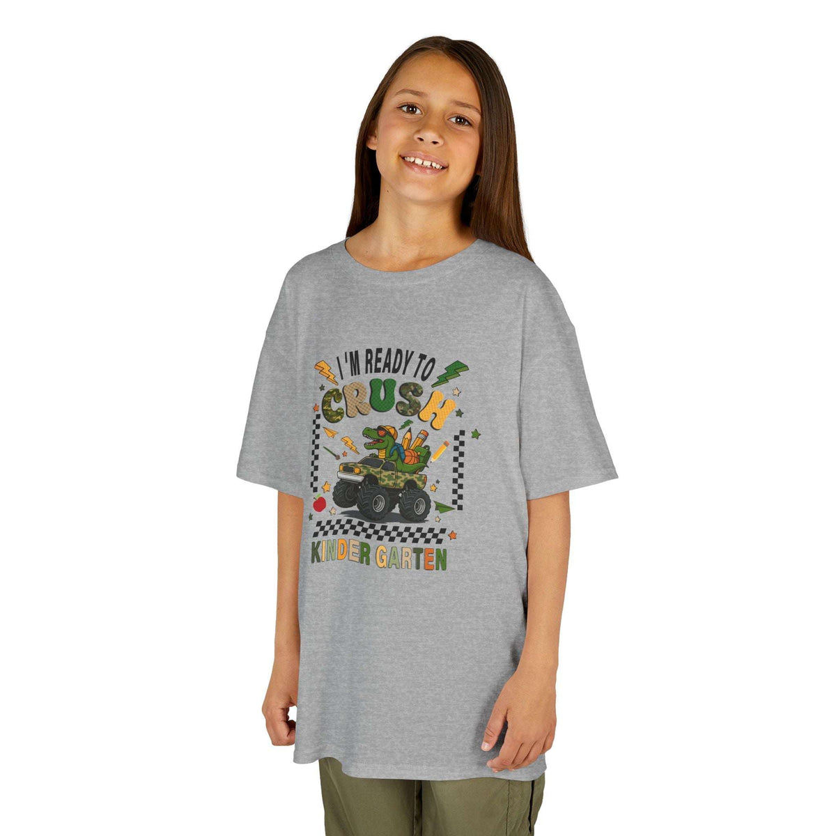 Kids T-Shirt — "I'm Ready to Crush Kindergarten" Dinosaur Monster Truck Back-to-School Tee