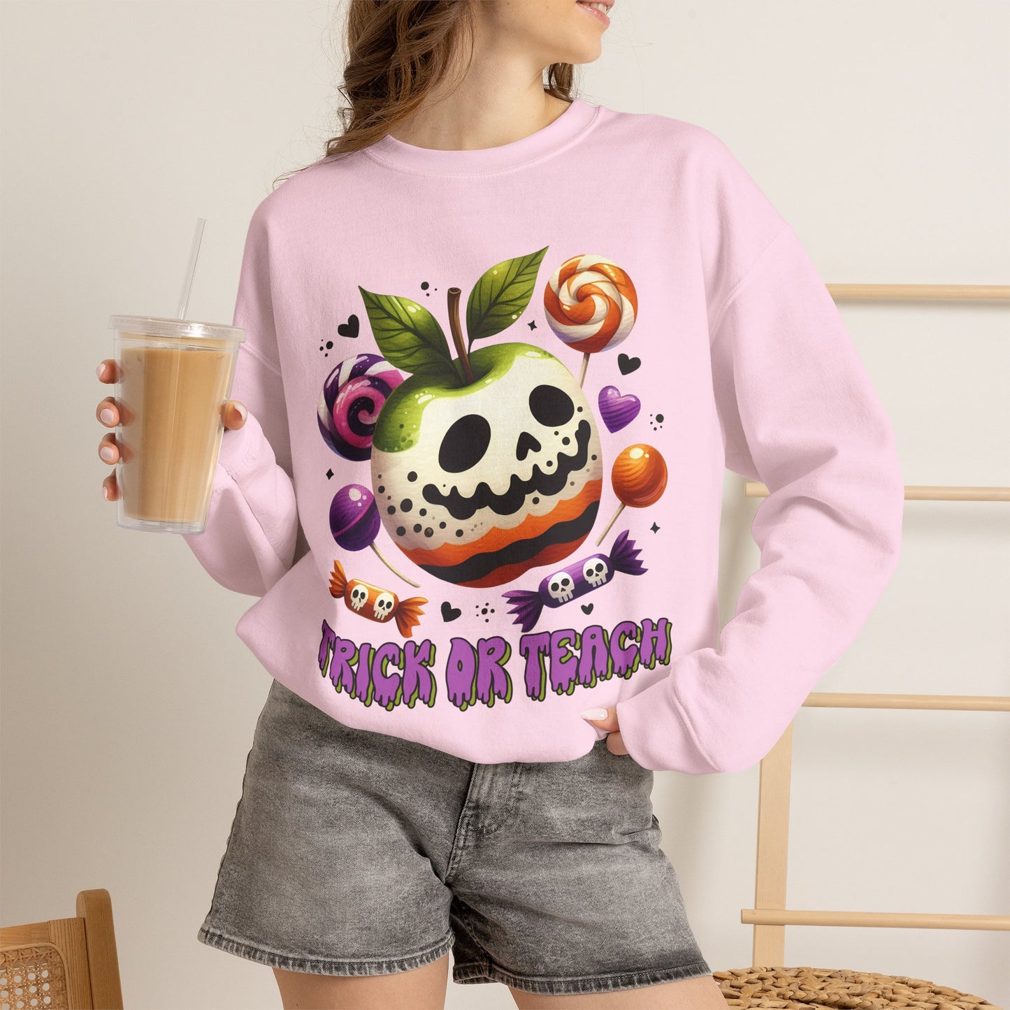 Trick or Teach Teacher Sweatshirt — Candy Apple “Trick or Treat” Crewneck