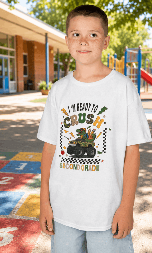 Kids Tee — "I'm Ready to Crush Second Grade" Monster Truck Back-to-School Shirt