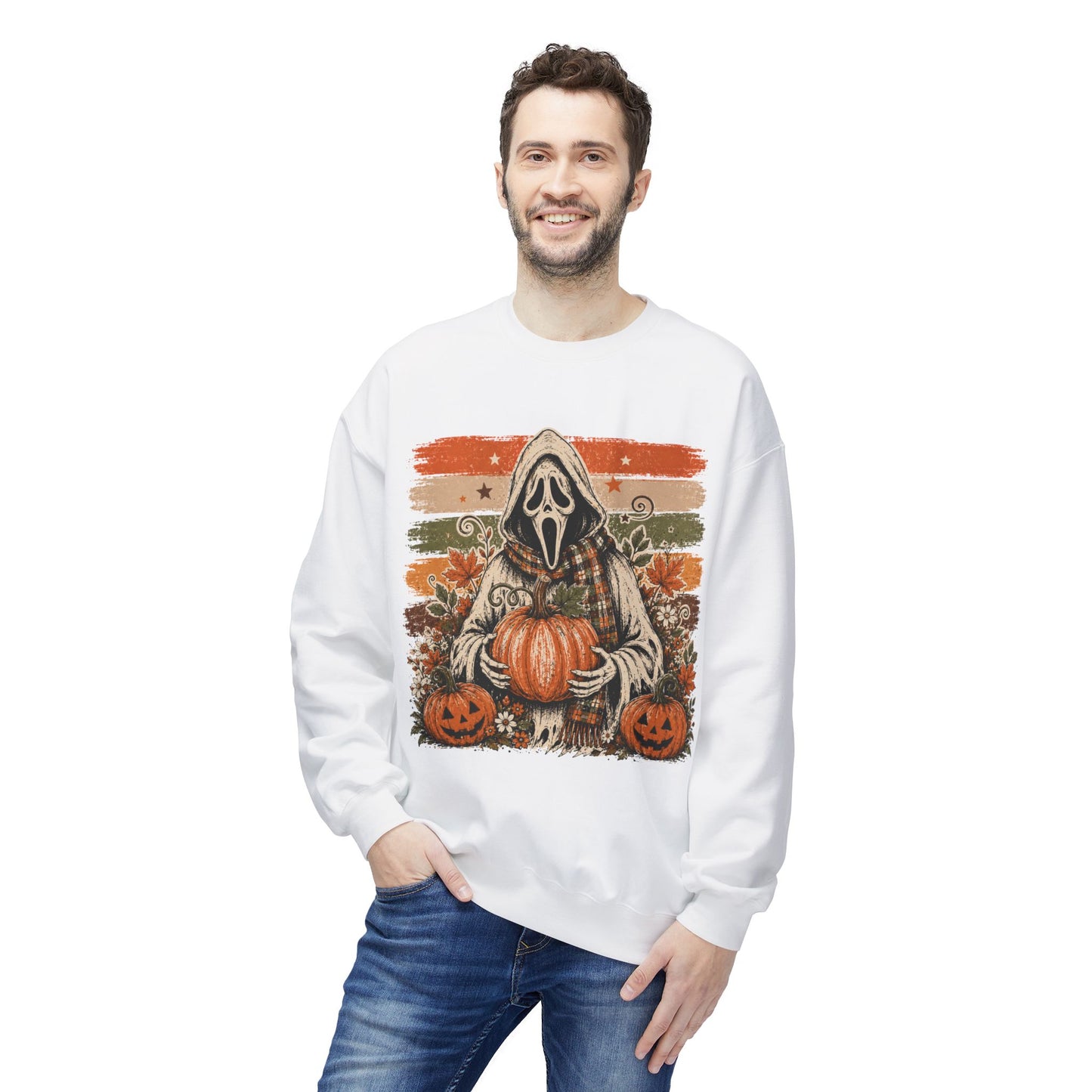 Halloween Scream Mask Crewneck Sweatshirt — Pumpkin & Jack-O'-Lantern Fall Graphic