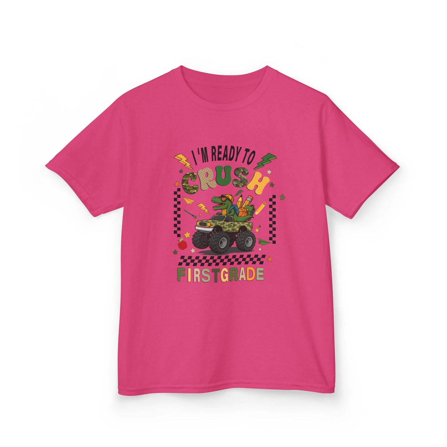 Kids Tee — “I’m Ready to Crush First Grade” Back-to-School Monster Truck Shirt