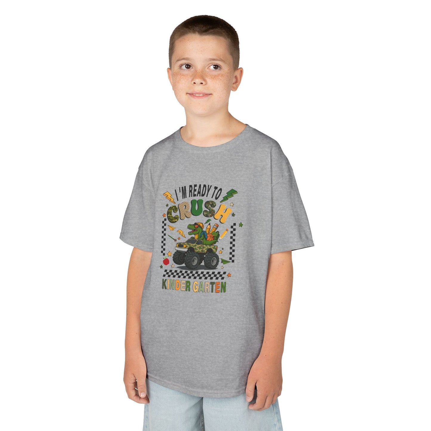 Kids T-Shirt — "I'm Ready to Crush Kindergarten" Dinosaur Monster Truck Back-to-School Tee