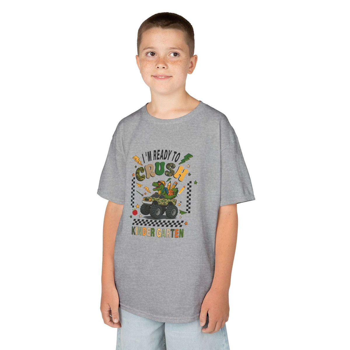 Kids T-Shirt — "I'm Ready to Crush Kindergarten" Dinosaur Monster Truck Back-to-School Tee