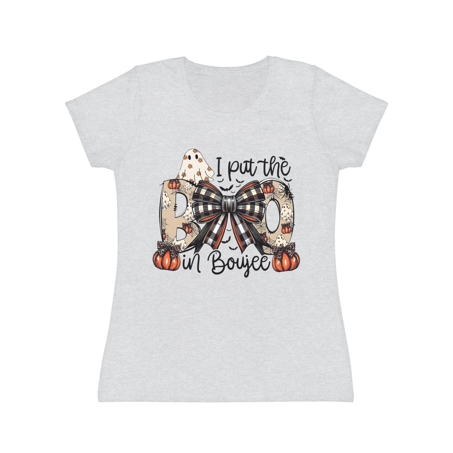 Women's Halloween "I Put the Boo in Boujee" T-Shirt — Plaid Bow Pumpkin Graphic