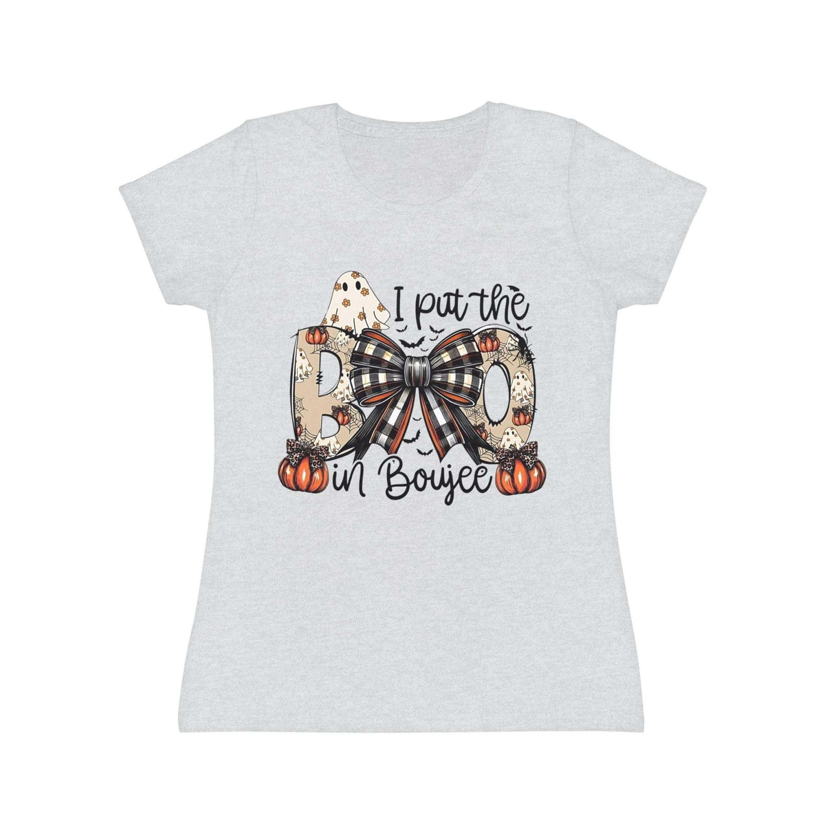 Women's Halloween "I Put the Boo in Boujee" T-Shirt — Plaid Bow Pumpkin Graphic
