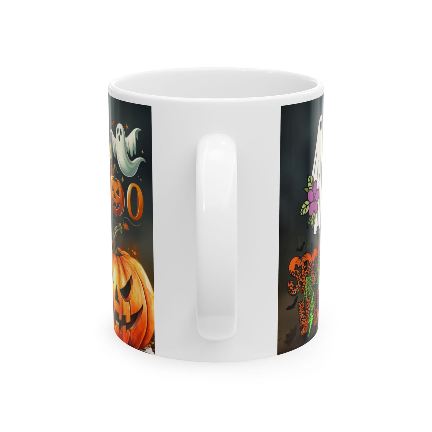 Halloween Cat Ceramic Mug — Witch Hat Kitty with Pumpkins (11oz/15oz)