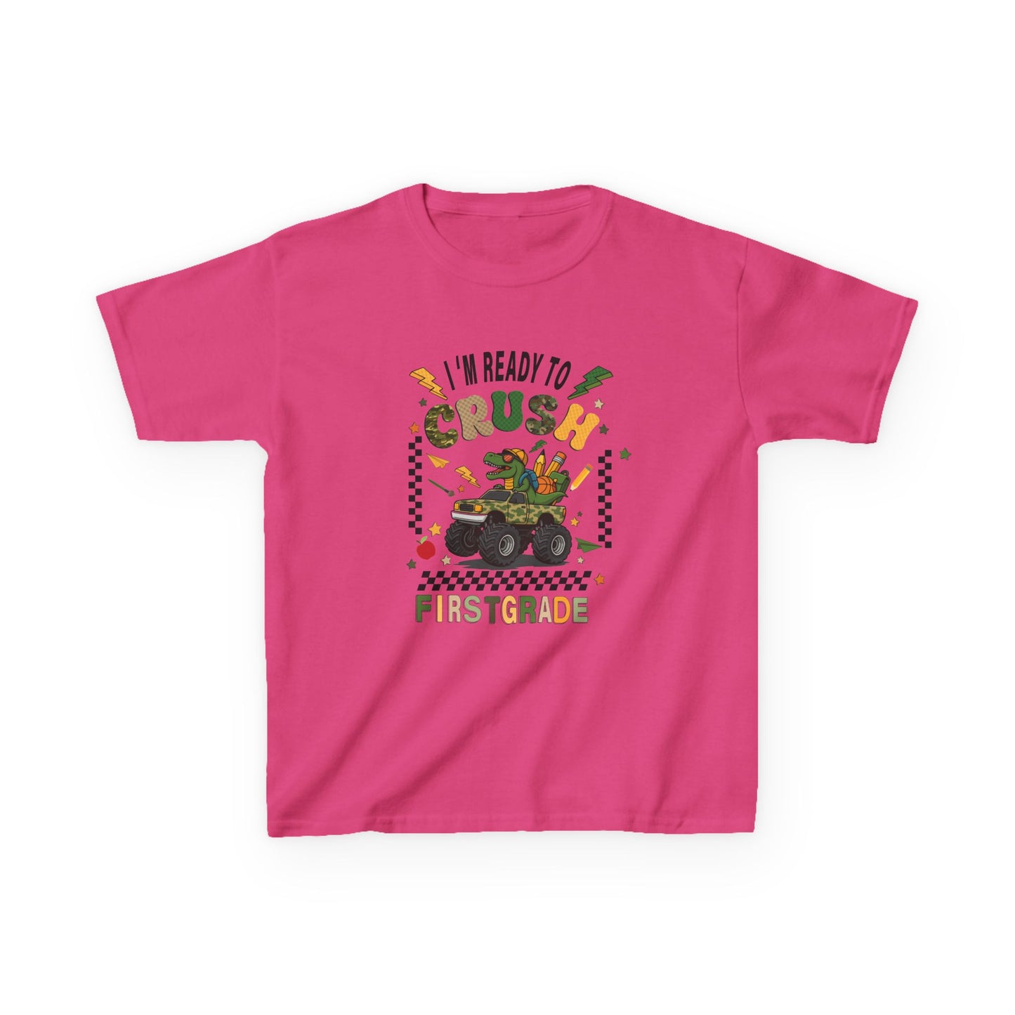 Kids Tee — “I’m Ready to Crush First Grade” Back-to-School Monster Truck Shirt