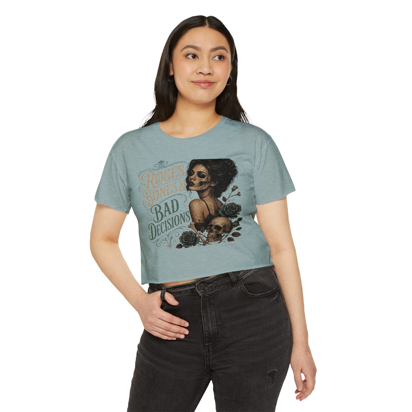 Roses Bones & Bad Decisions Crop Top — Gothic Skull Floral Festival Tee I
