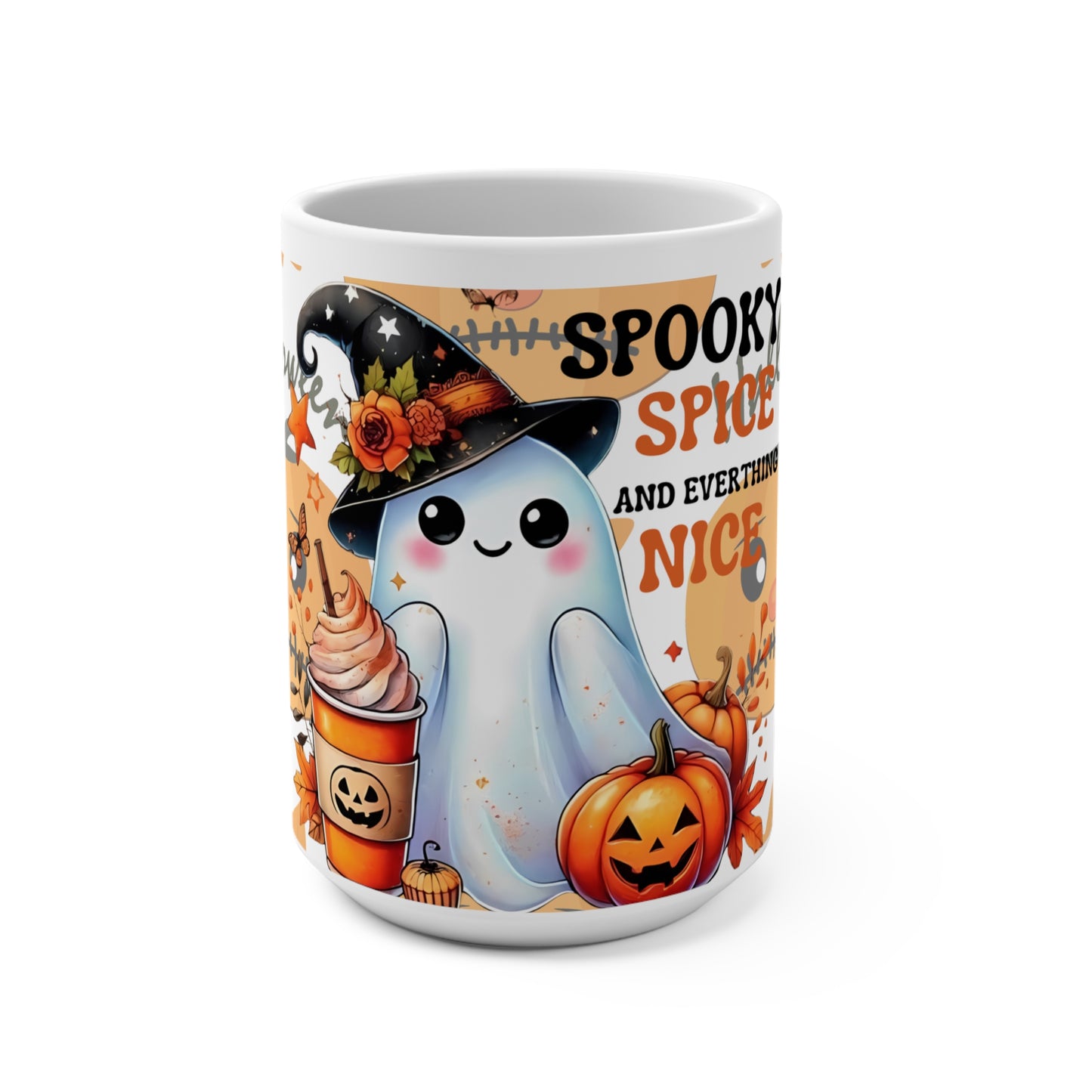 "Spooky Spice and Everything Nice" 15oz Halloween Ghost Mug — Pumpkin Latte Coffee Cup