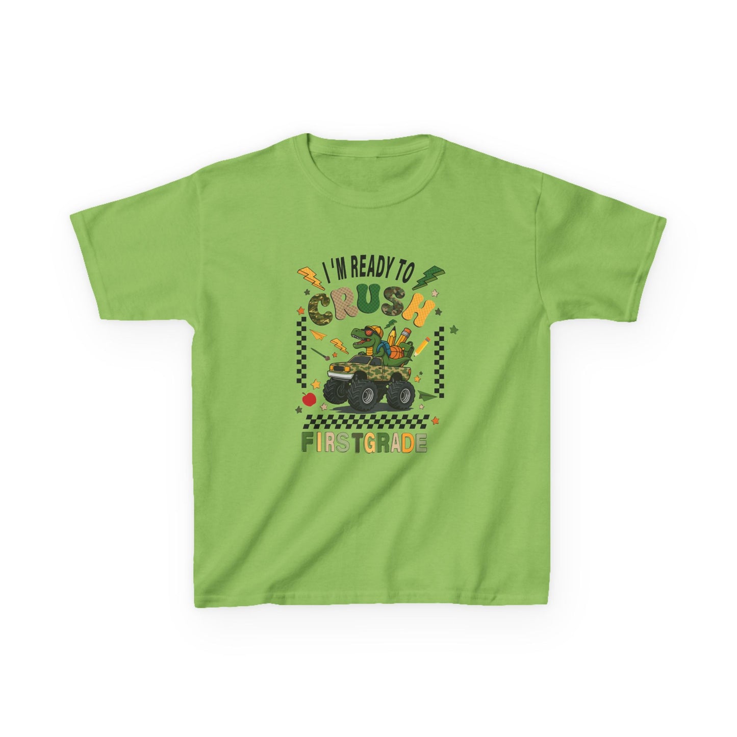 Kids Tee — “I’m Ready to Crush First Grade” Back-to-School Monster Truck Shirt