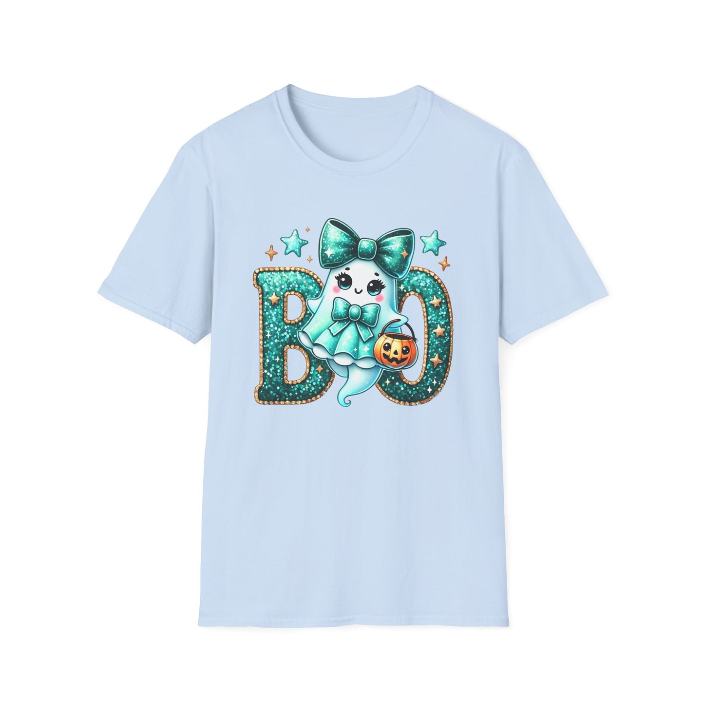 BOO Ghost T‑Shirt — Cute Teal Bow Halloween Tee