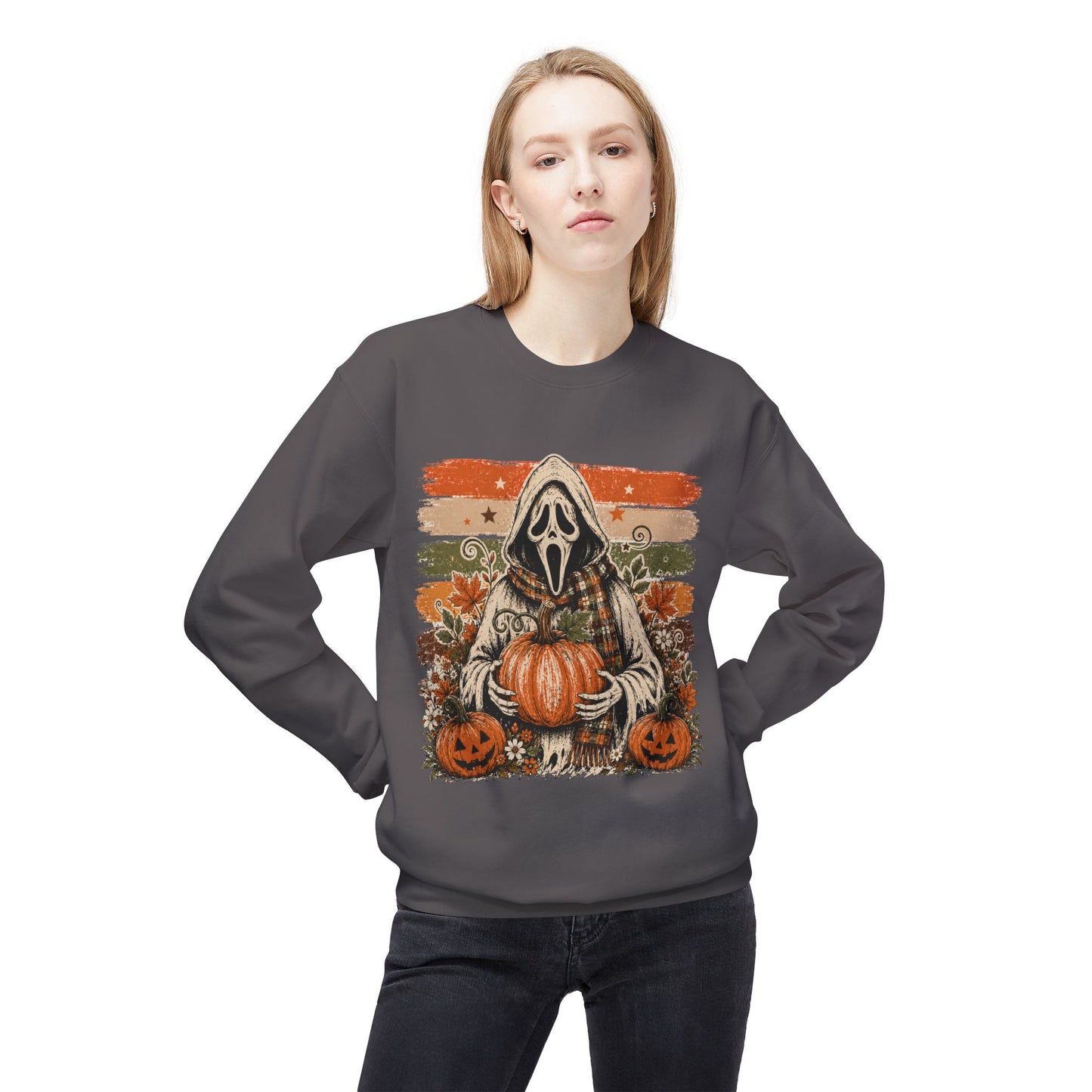 Halloween Scream Mask Crewneck Sweatshirt — Pumpkin & Jack-O'-Lantern Fall Graphic