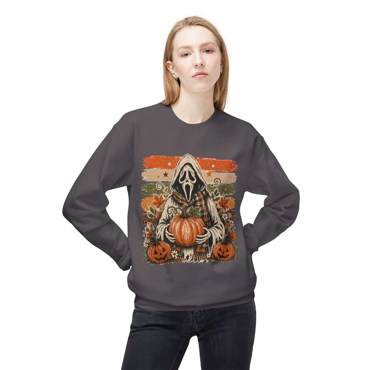 Halloween Scream Mask Crewneck Sweatshirt — Pumpkin & Jack-O'-Lantern Fall Graphic