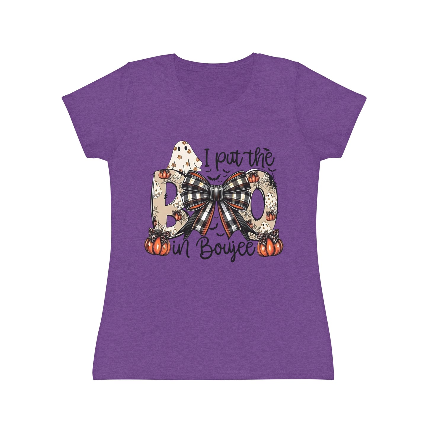 Women's Halloween "I Put the Boo in Boujee" T-Shirt — Plaid Bow Pumpkin Graphic