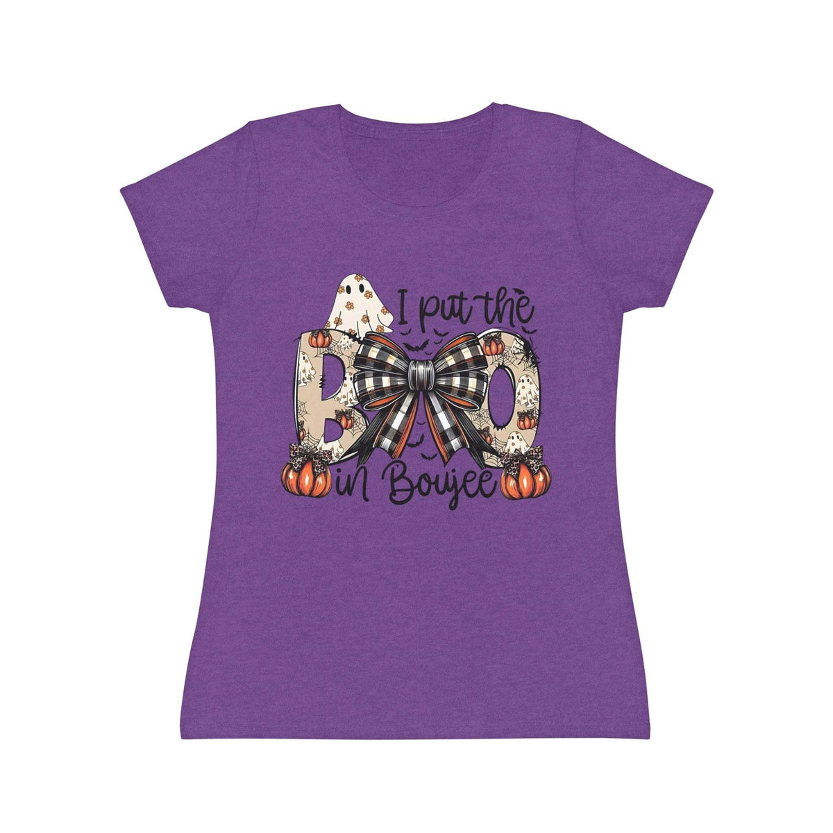 Women's Halloween "I Put the Boo in Boujee" T-Shirt — Plaid Bow Pumpkin Graphic