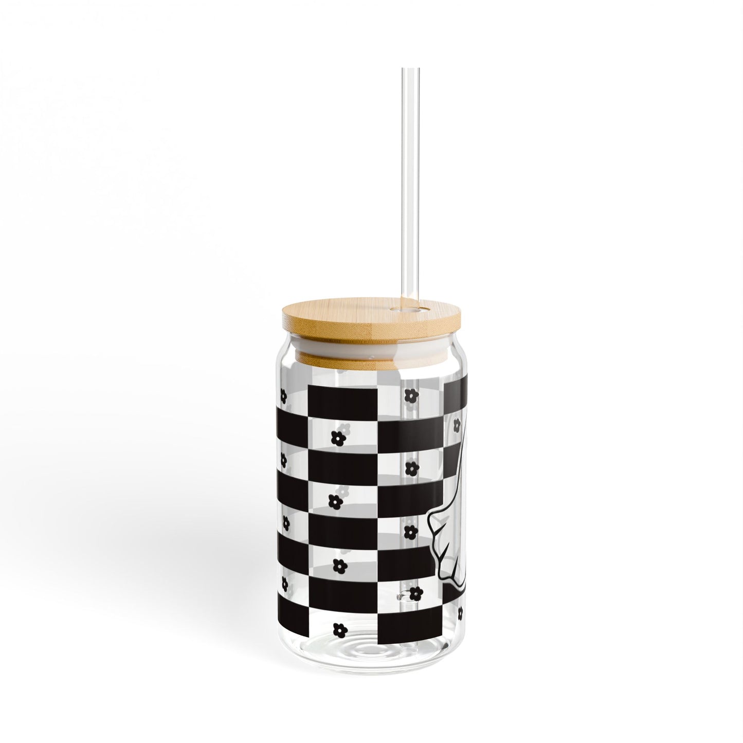 Ghost Checkerboard Sipper Glass — 16oz Cute Halloween Drink Jar