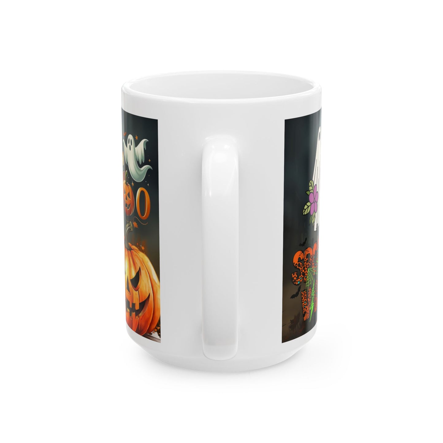 Halloween Cat Ceramic Mug — Witch Hat Kitty with Pumpkins (11oz/15oz)