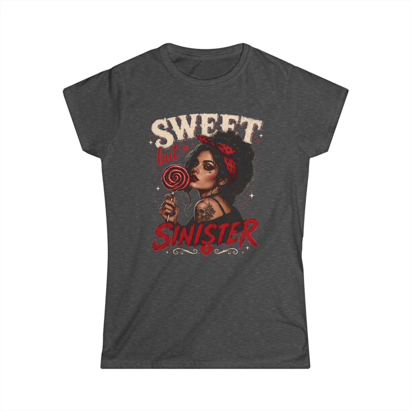 Sweet but Sinister Tee — Women's Graphic T-Shirt (Retro Pin-Up Girl with Lollipop)