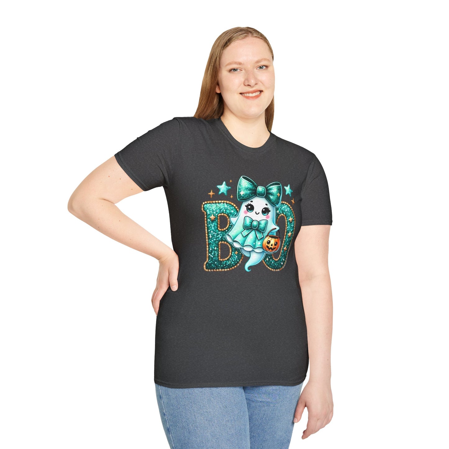 BOO Ghost T‑Shirt — Cute Teal Bow Halloween Tee