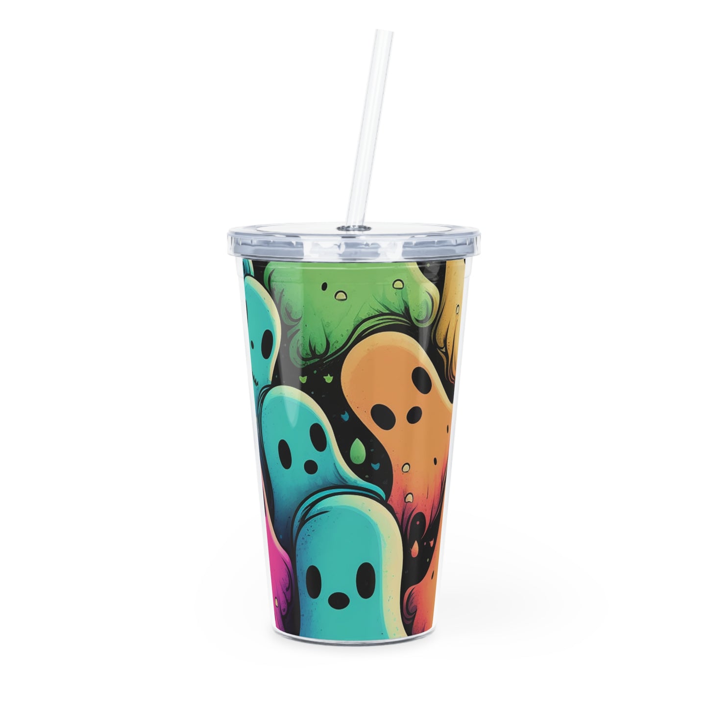 Ghost Crew Plastic Tumbler with Straw — Colorful Cute Ghosts Travel Cup