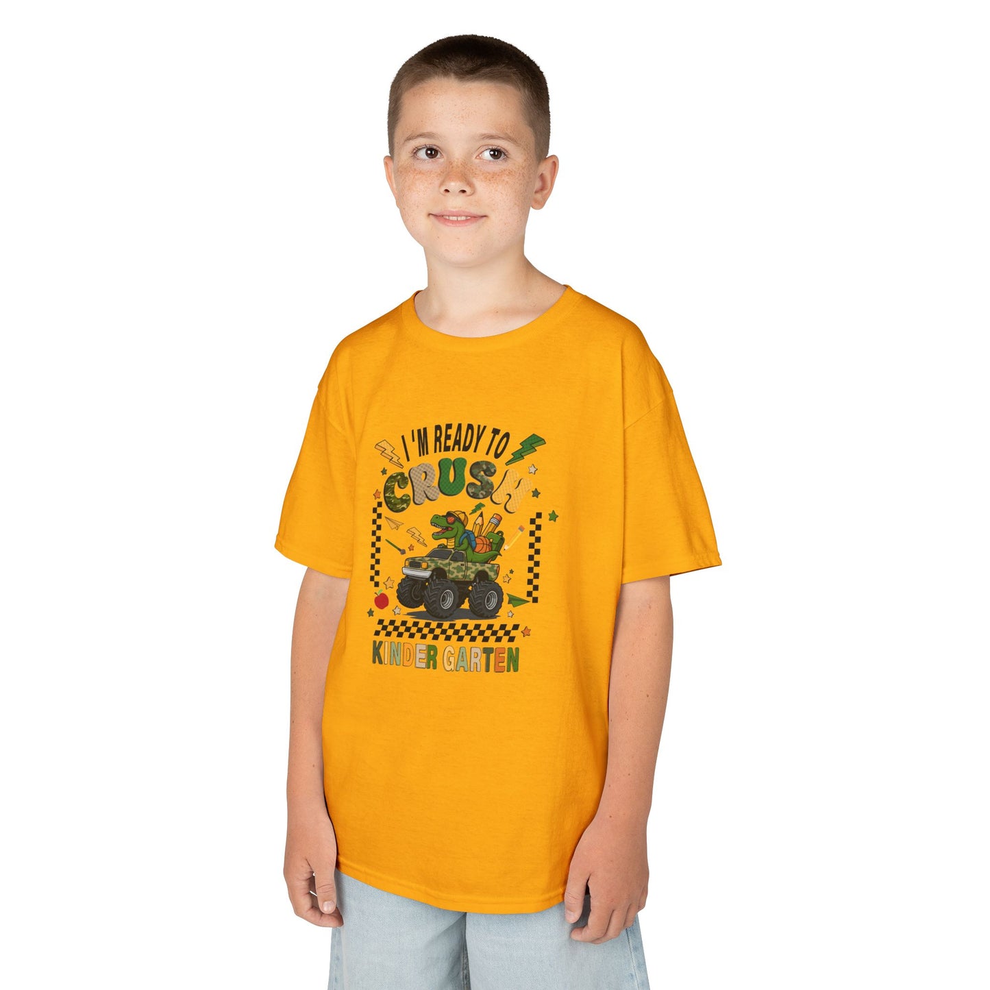 Kids T-Shirt — "I'm Ready to Crush Kindergarten" Dinosaur Monster Truck Back-to-School Tee