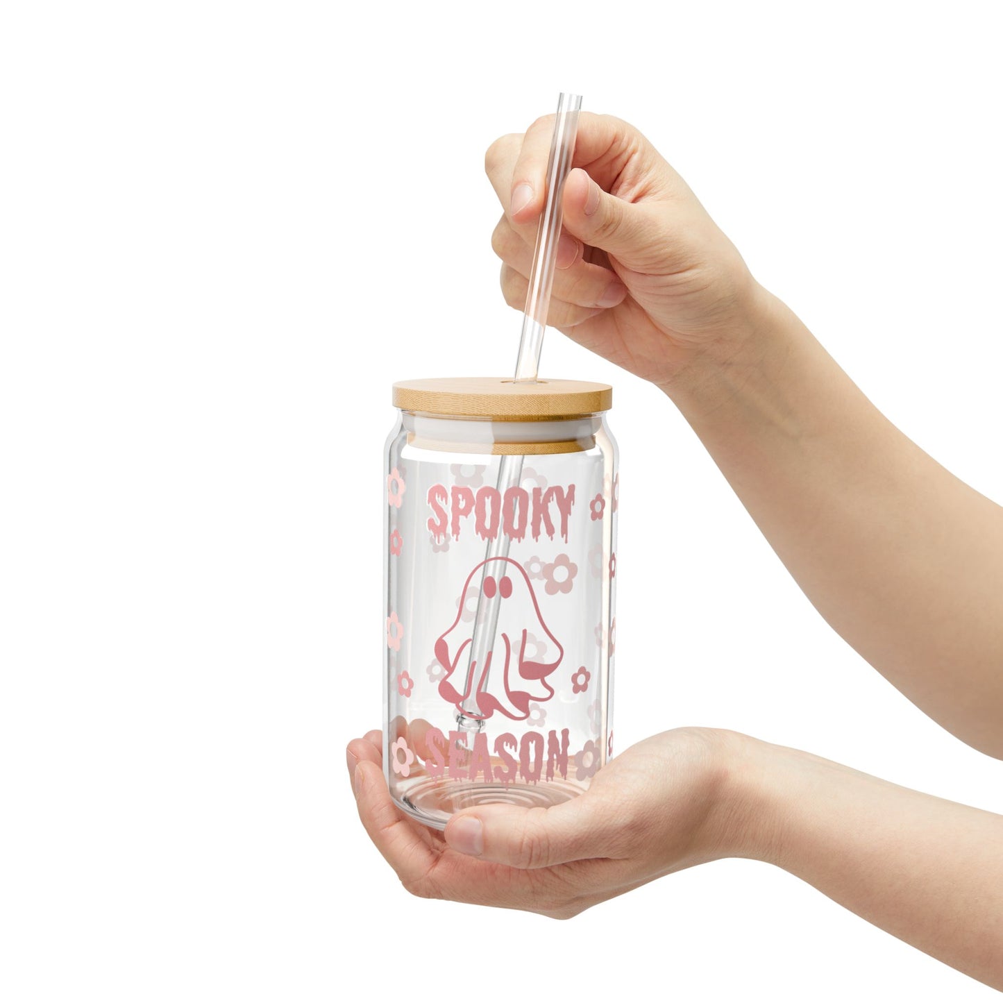 Sipper Glass - "Spooky Season" Pink Ghost Floral Tumbler, 16oz
