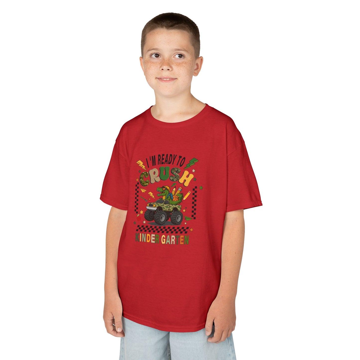 Kids T-Shirt — "I'm Ready to Crush Kindergarten" Dinosaur Monster Truck Back-to-School Tee