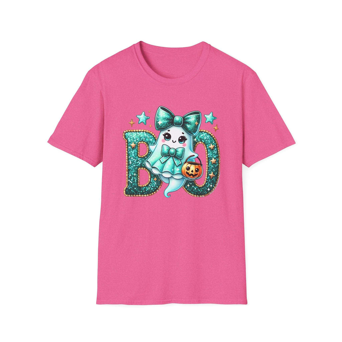 BOO Ghost T‑Shirt — Cute Teal Bow Halloween Tee