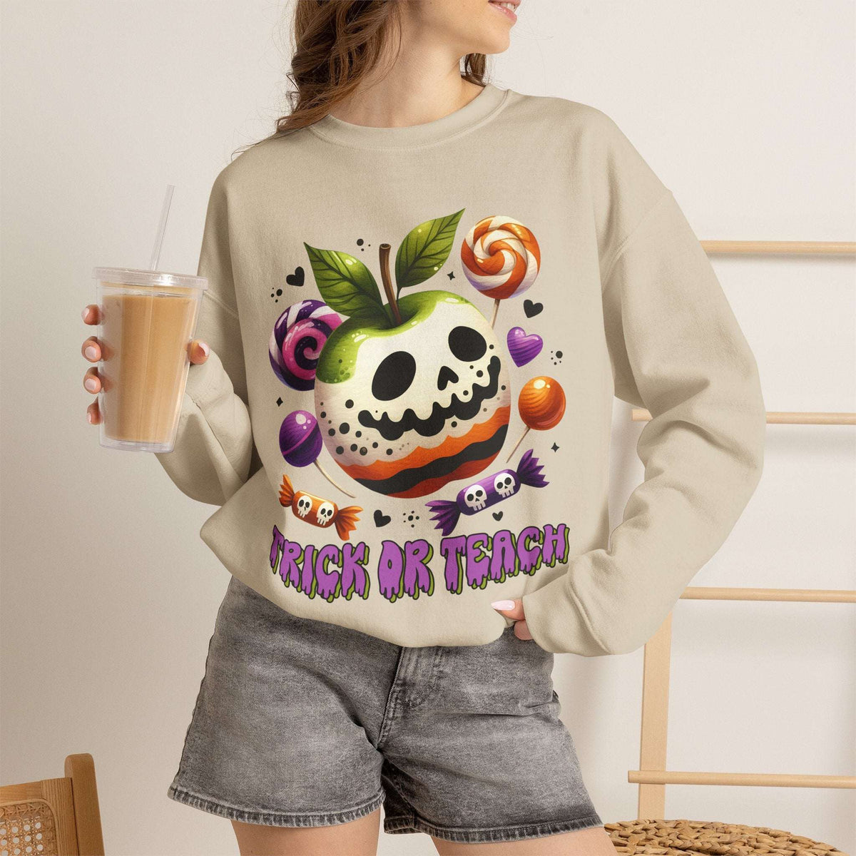 Trick or Teach Teacher Sweatshirt — Candy Apple “Trick or Treat” Crewneck
