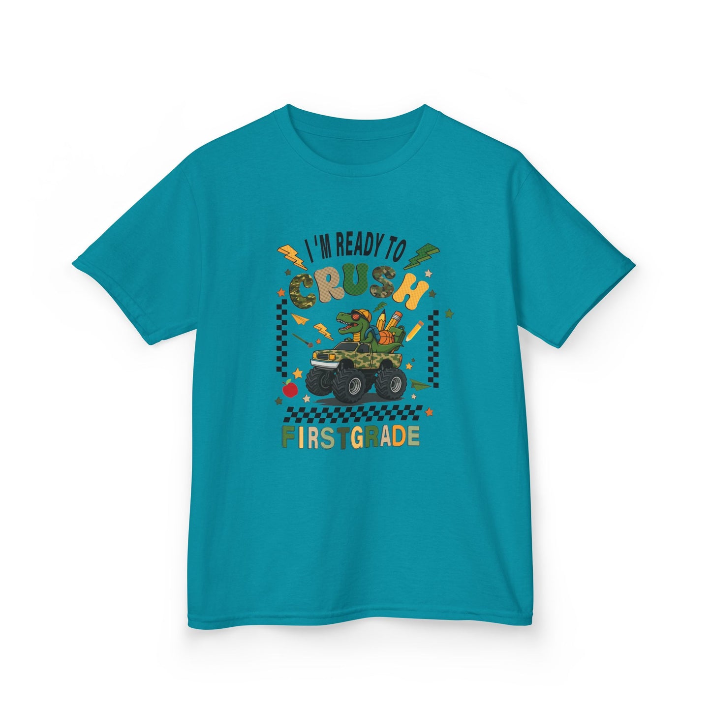 Kids Tee — “I’m Ready to Crush First Grade” Back-to-School Monster Truck Shirt