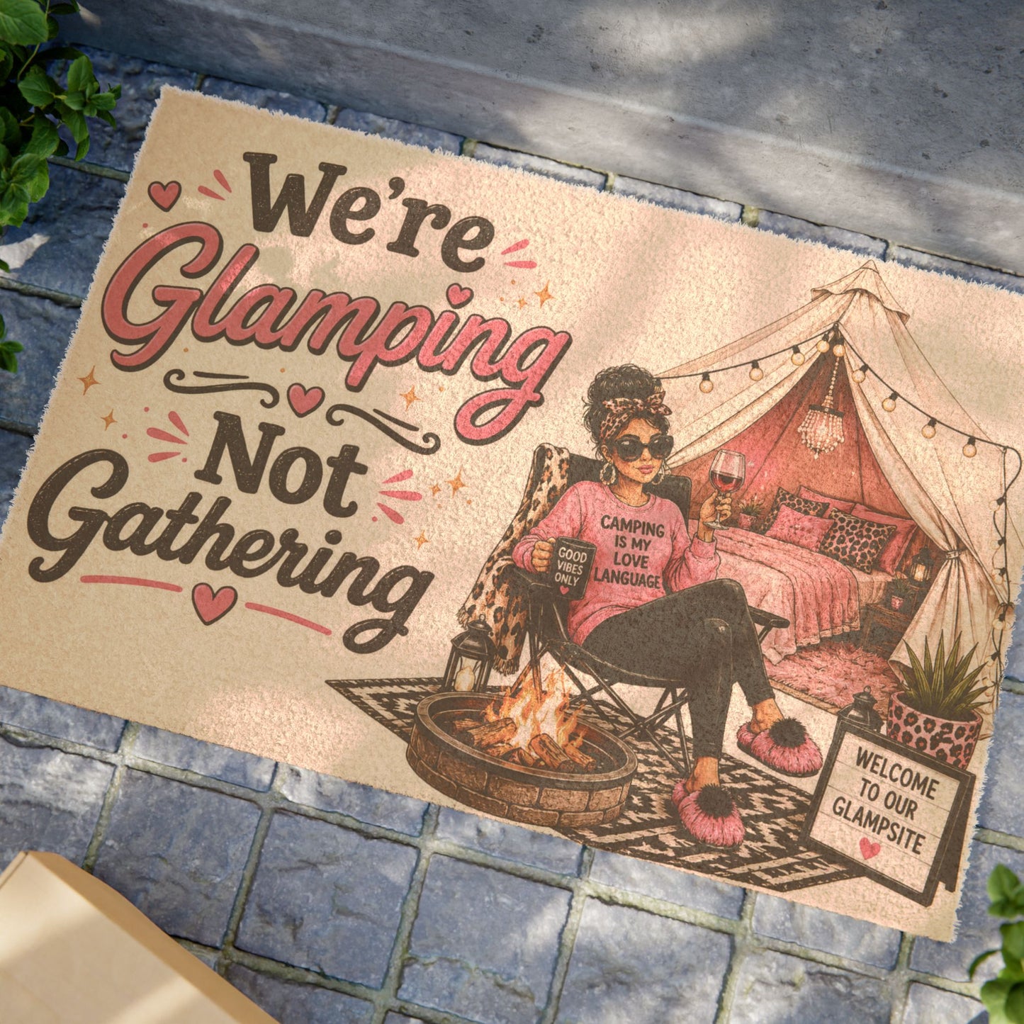 Glamping Doormat — "We're Glamping Not Gathering" Decorative Outdoor Welcome Mat