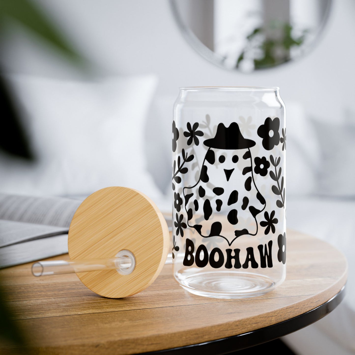 Boohaw Cow Skull 16oz Glass Sipper — Halloween Western Floral