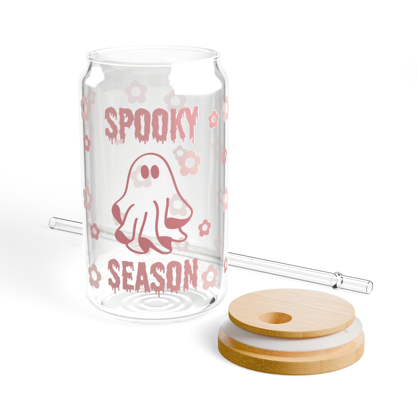 Sipper Glass - "Spooky Season" Pink Ghost Floral Tumbler, 16oz