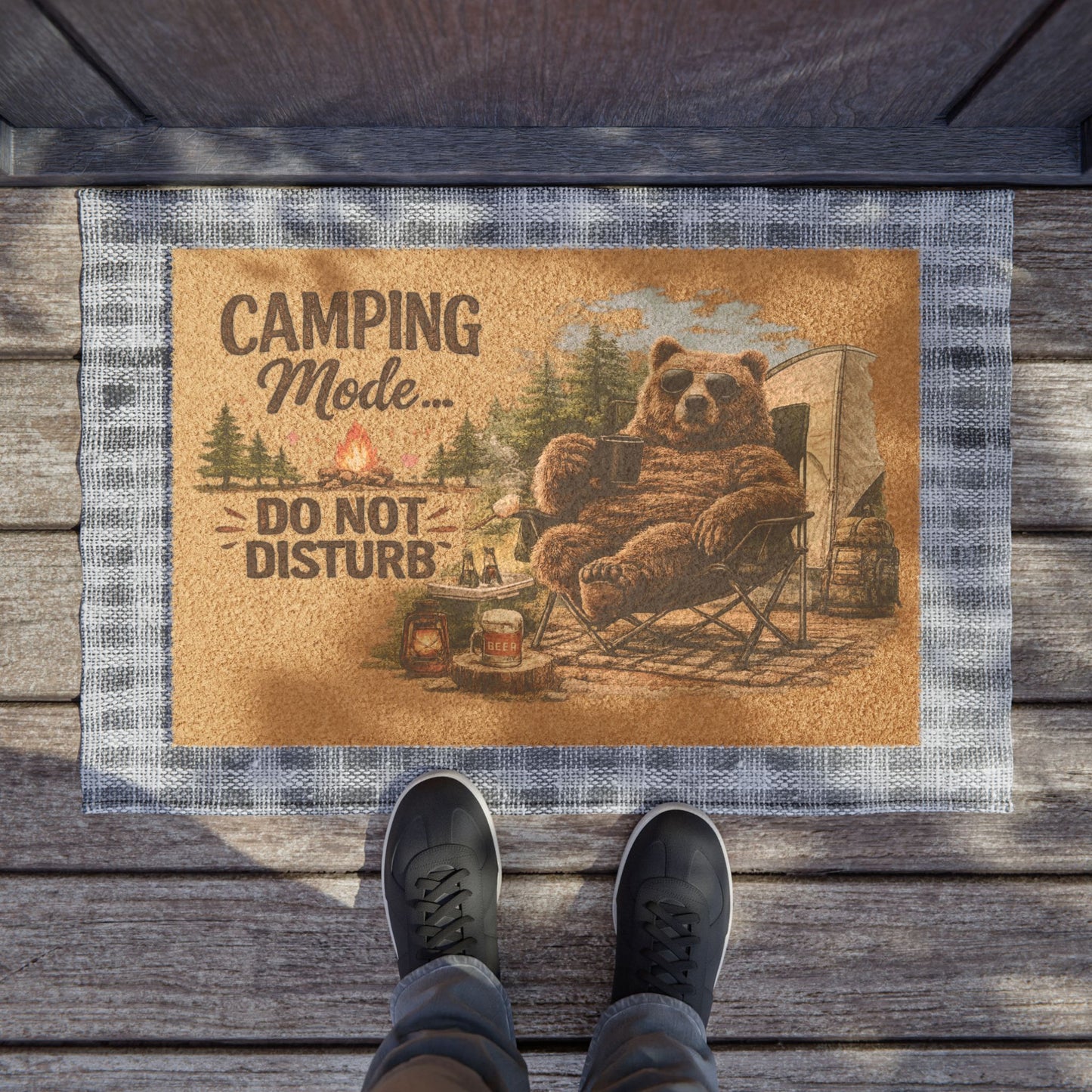 Doormat — "Camping Mode Do Not Disturb" Rustic Bear Camping Welcome Mat