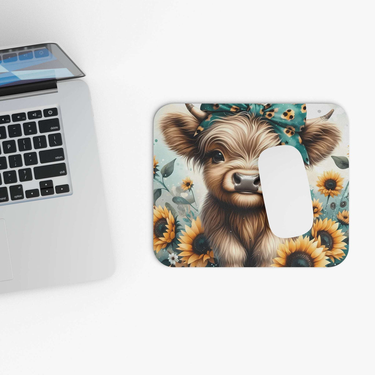 Cute Highland Cow Mouse Pad — Sunflower Desk Mat for Animal Lovers