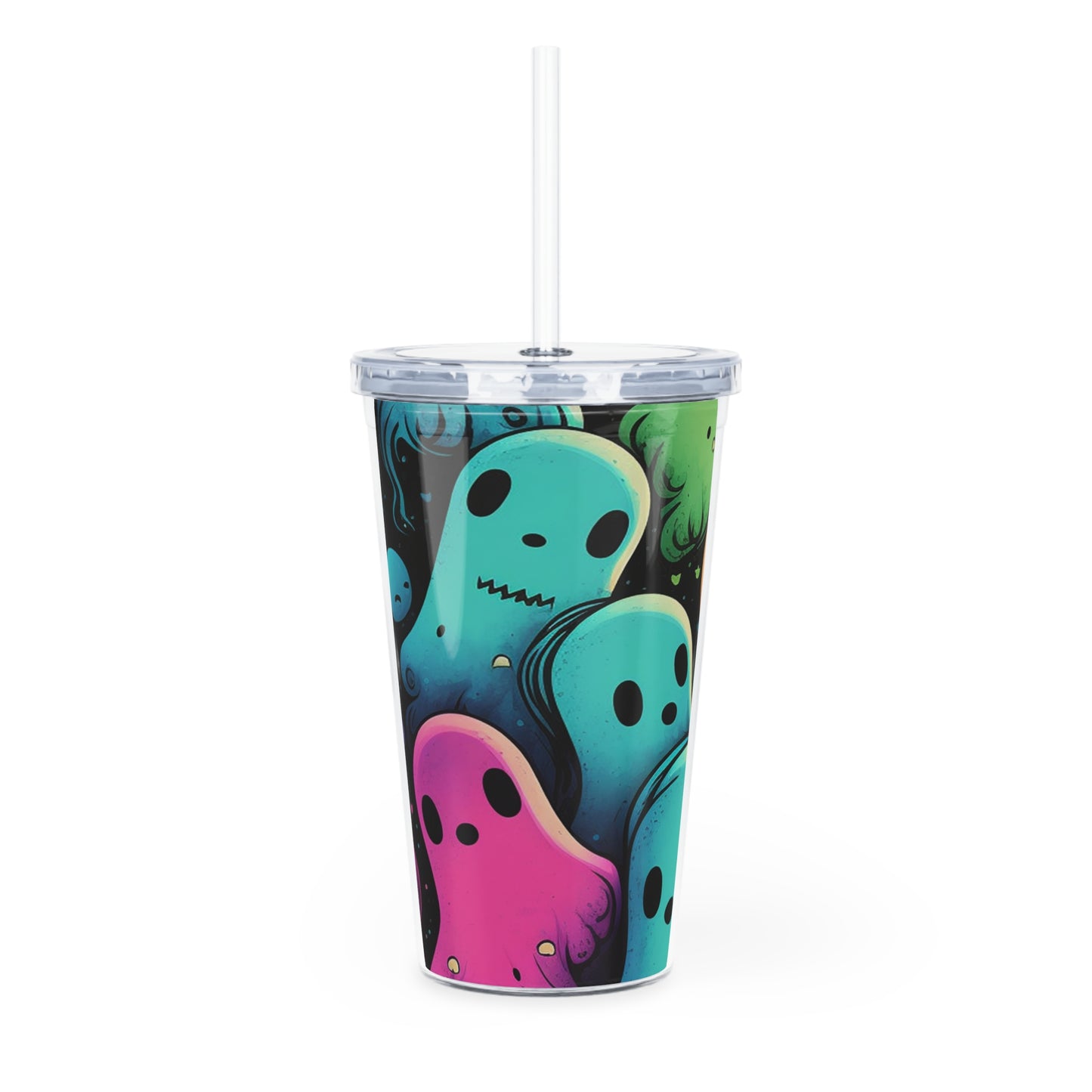 Ghost Crew Plastic Tumbler with Straw — Colorful Cute Ghosts Travel Cup