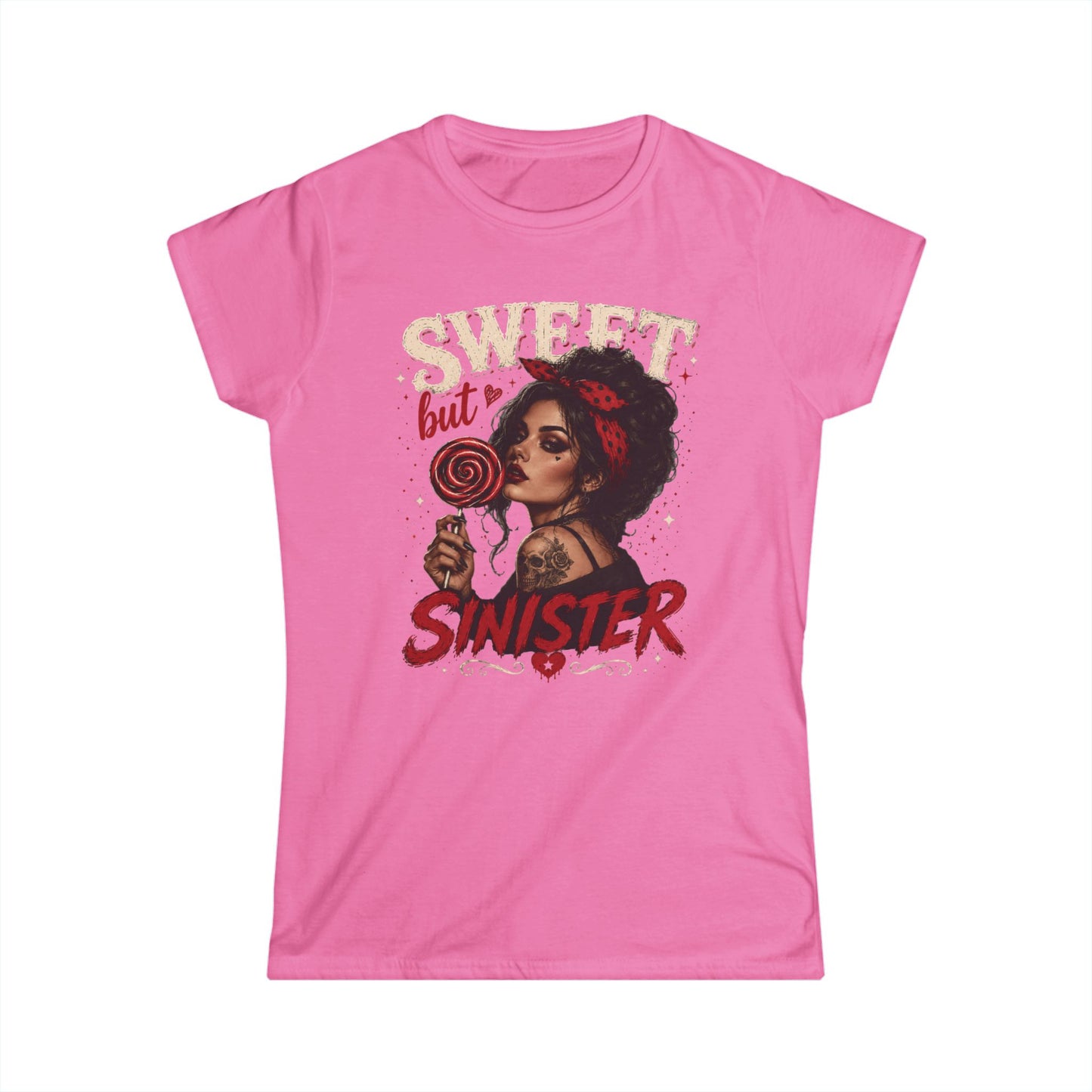 Sweet but Sinister Tee — Women's Graphic T-Shirt (Retro Pin-Up Girl with Lollipop)
