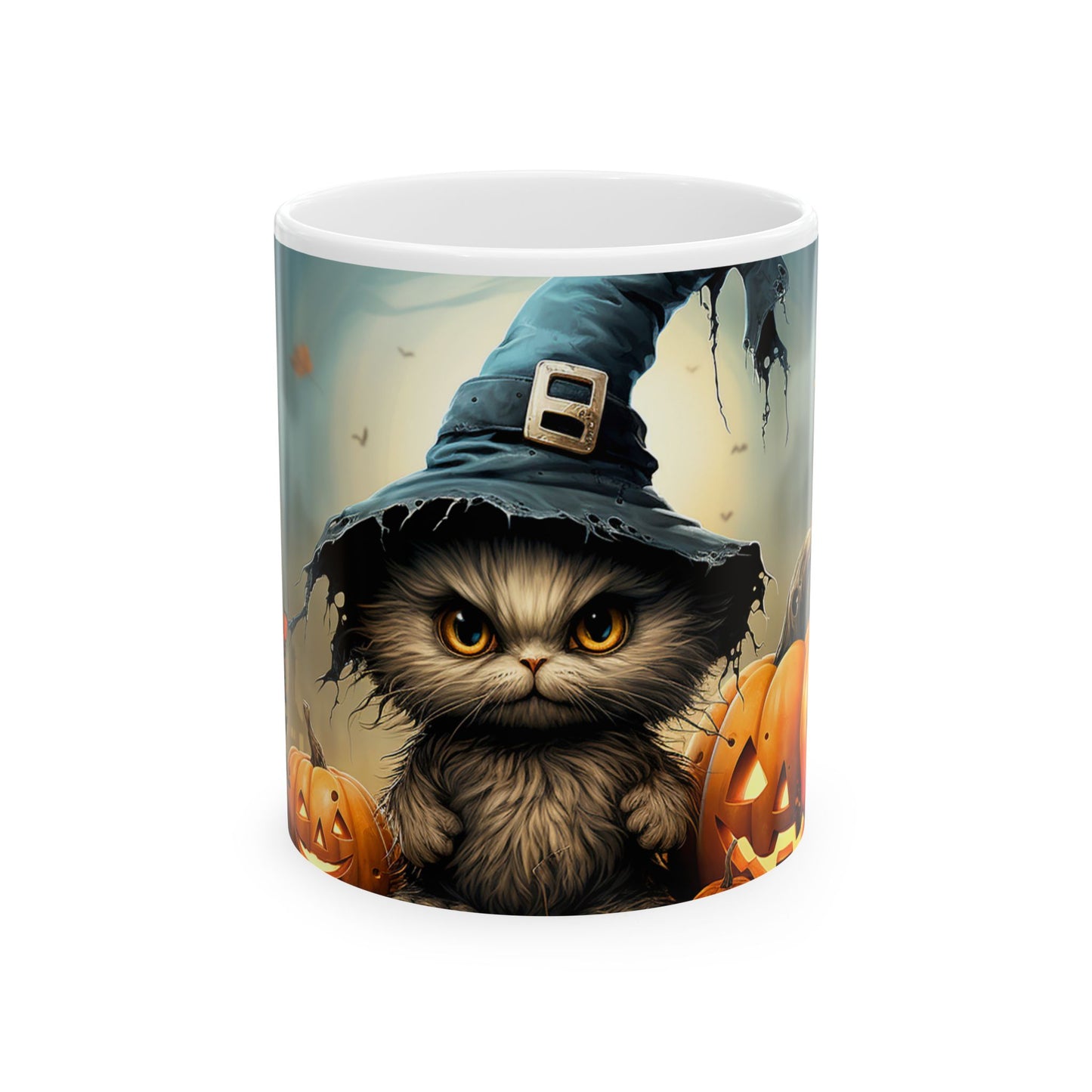 Halloween Cat Ceramic Mug — Witch Hat Kitty with Pumpkins (11oz/15oz)