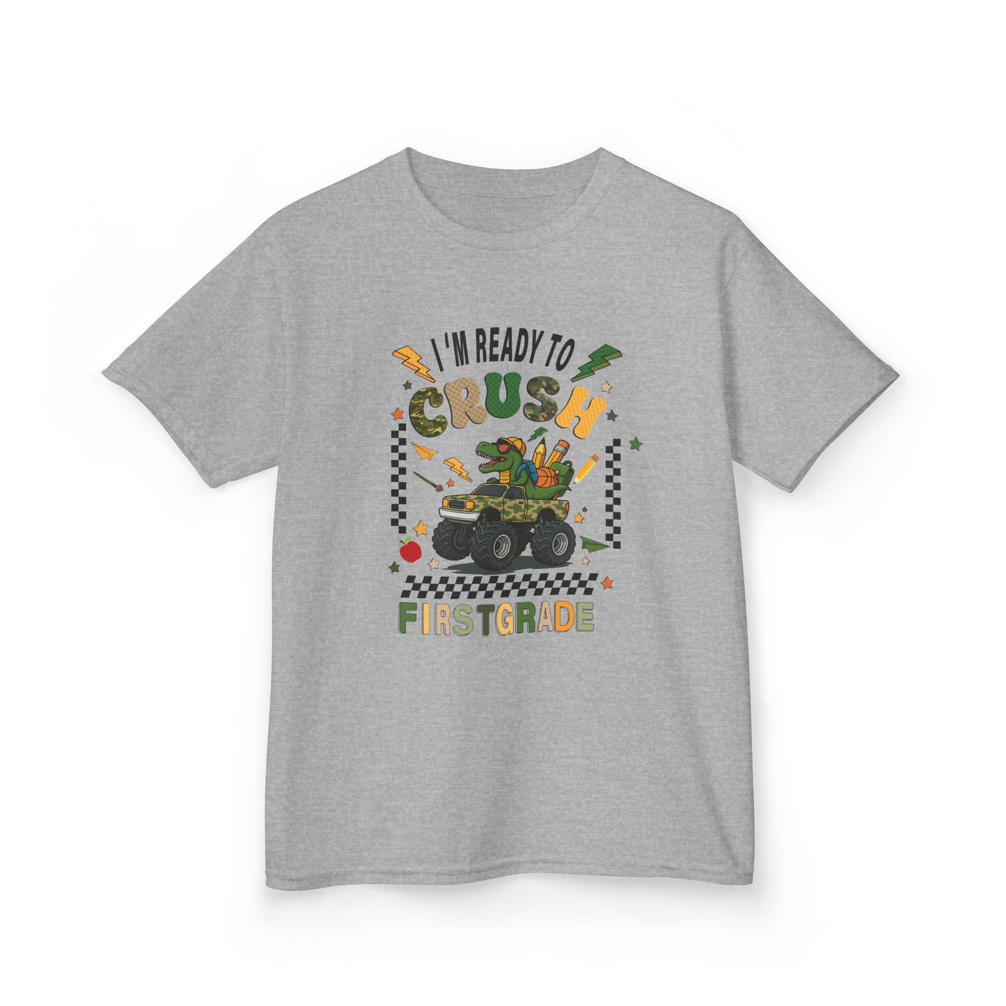 Kids Tee — “I’m Ready to Crush First Grade” Back-to-School Monster Truck Shirt