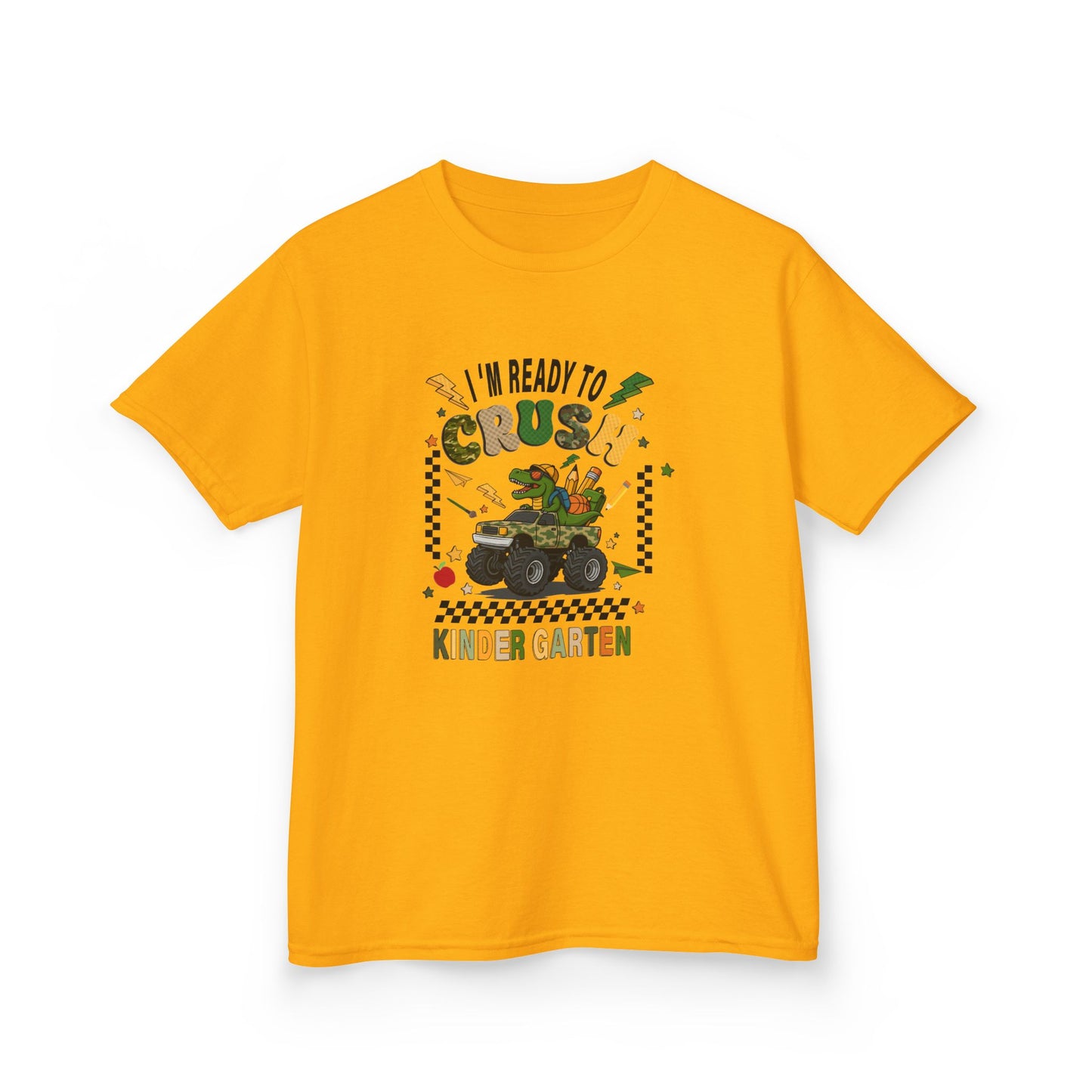 Kids T-Shirt — "I'm Ready to Crush Kindergarten" Dinosaur Monster Truck Back-to-School Tee